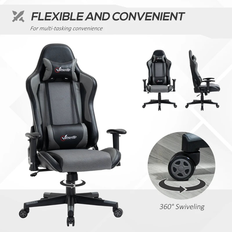 Grey Racing Gaming Chair with Headrest and Lumbar Support