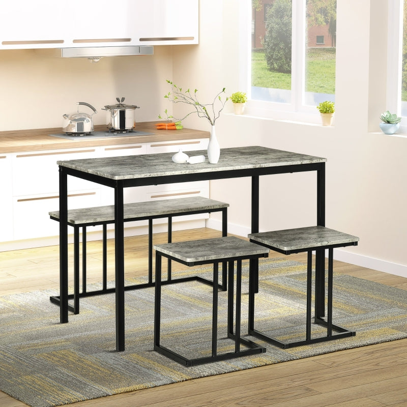 Grey Concrete Effect Dining Set for 4 - Steel Frame Table and Bench