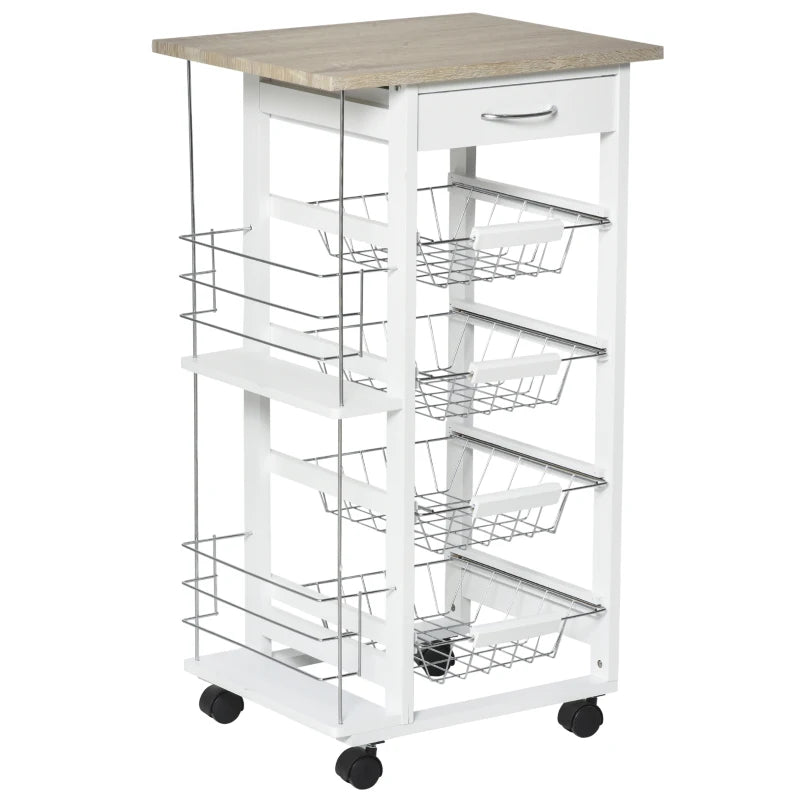 4-Basket Rolling Kitchen Cart with Side Racks, Natural and White