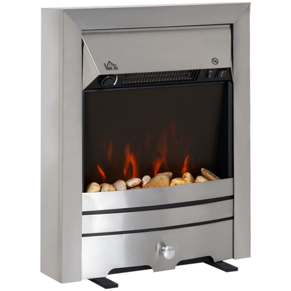 Stainless Steel Electric Fireplace with Pebble Burning Effect - 2KW Heater, LED Flame - Silver