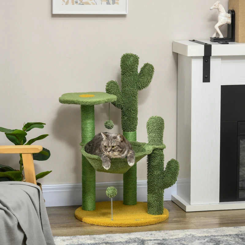 Green Chenille Cactus Cat Tree - 82cm Height with Scratching Post & Hammock