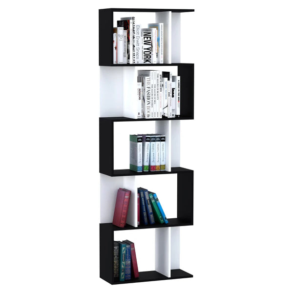Black 5-Tier S-Shaped Bookcase Shelving Unit