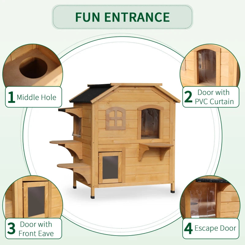 Wooden 2-Story Outdoor Cat House - Weatherproof, Natural Wood Finish