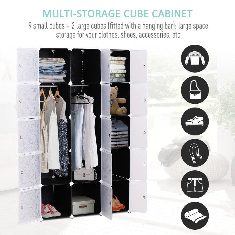 Modular 15-Cube Bedroom Wardrobe with Hanging Rail, White and Black