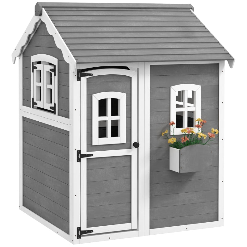 Grey Kids Wooden Playhouse with Doors, Windows, Plant Box - Ages 3-8