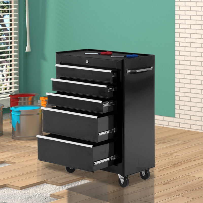 Black 5-Drawer Lockable Steel Tool Cabinet with Wheels