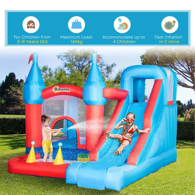 Kids 4-in-1 Inflatable Bouncy Castle with Slide & Pool - Blue