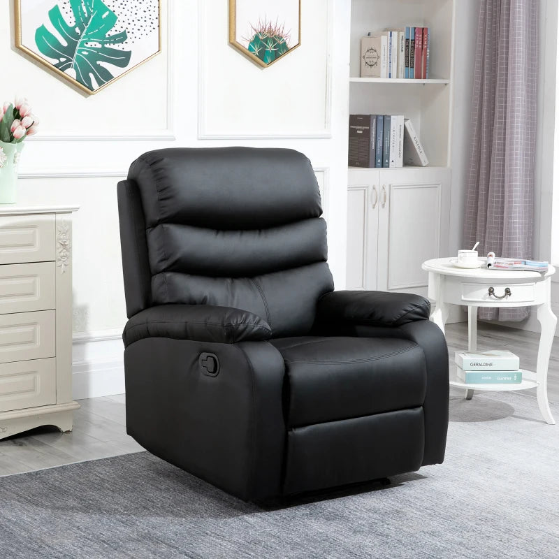 Black PU Leather Reclining Chair with Padded Armrests and Retractable Footrest