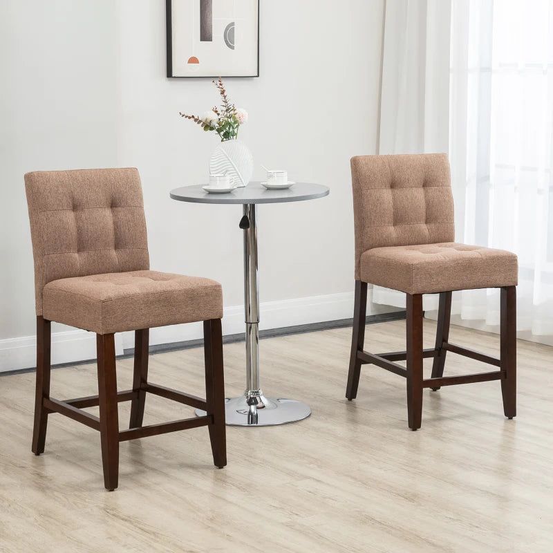 Brown Fabric Bar Stools Set of 2, Tufted Back, Wood Legs