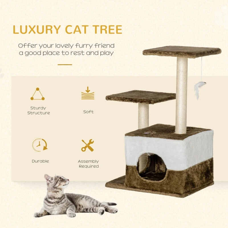 Brown Cat Tree Tower with Scratching Posts and Interactive Toy, 45 x 33 x 70 cm