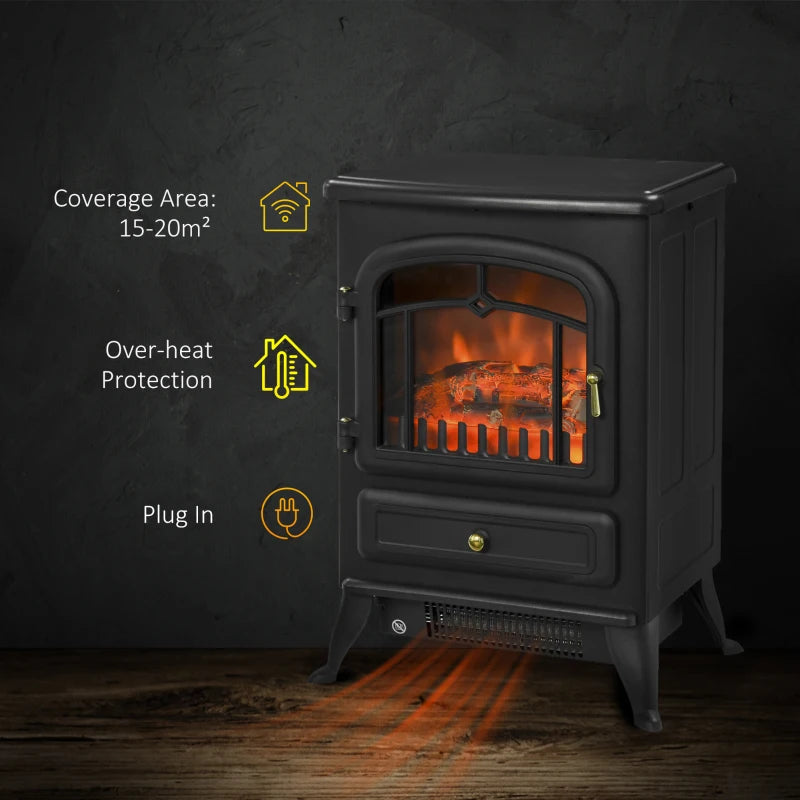 Black Electric Fireplace Heater with Glass View and Wood Burning Flame Effect