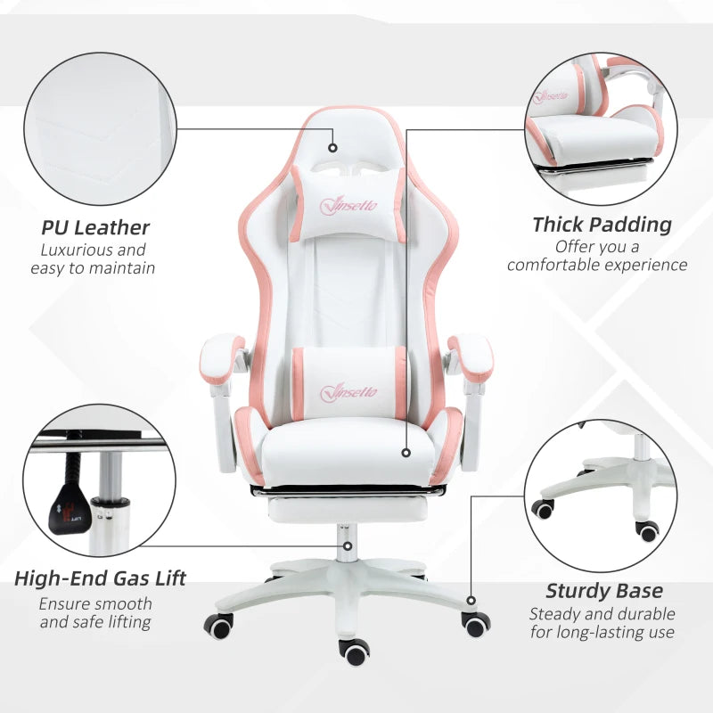 White and Pink Racing Gaming Chair with Footrest and Swivel Seat