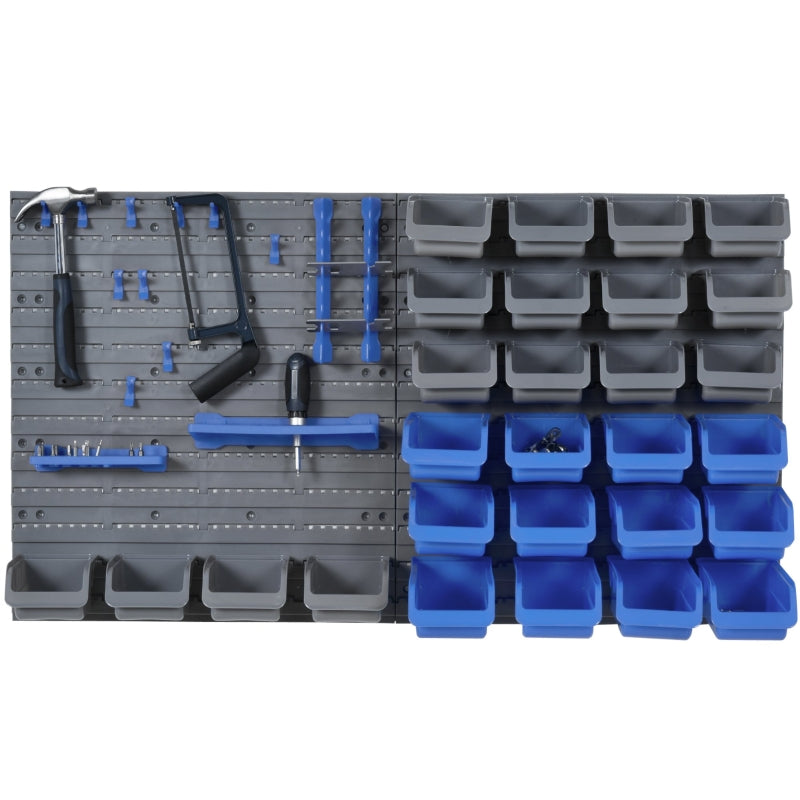 Blue Wall Mounted Tool Rack Organizer with 44 Storage Bins and Shelf