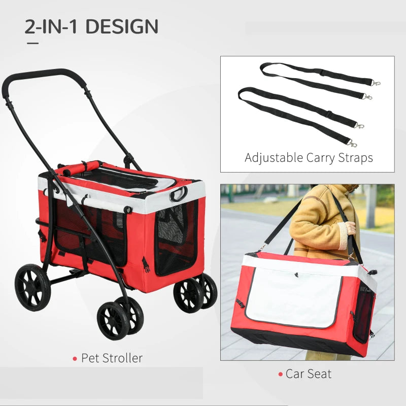 Red Foldable Dog Stroller with Detachable Carrier for Mini Dogs