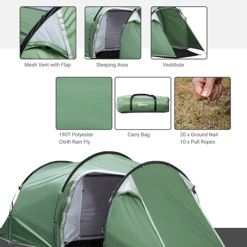 Green 2-3 Person Tunnel Camping Tent with Groundsheet & Rainfly