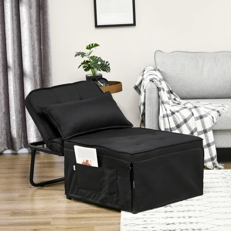 Black Fabric Folding Sleeper Chair with Adjustable Backrest and Side Pockets