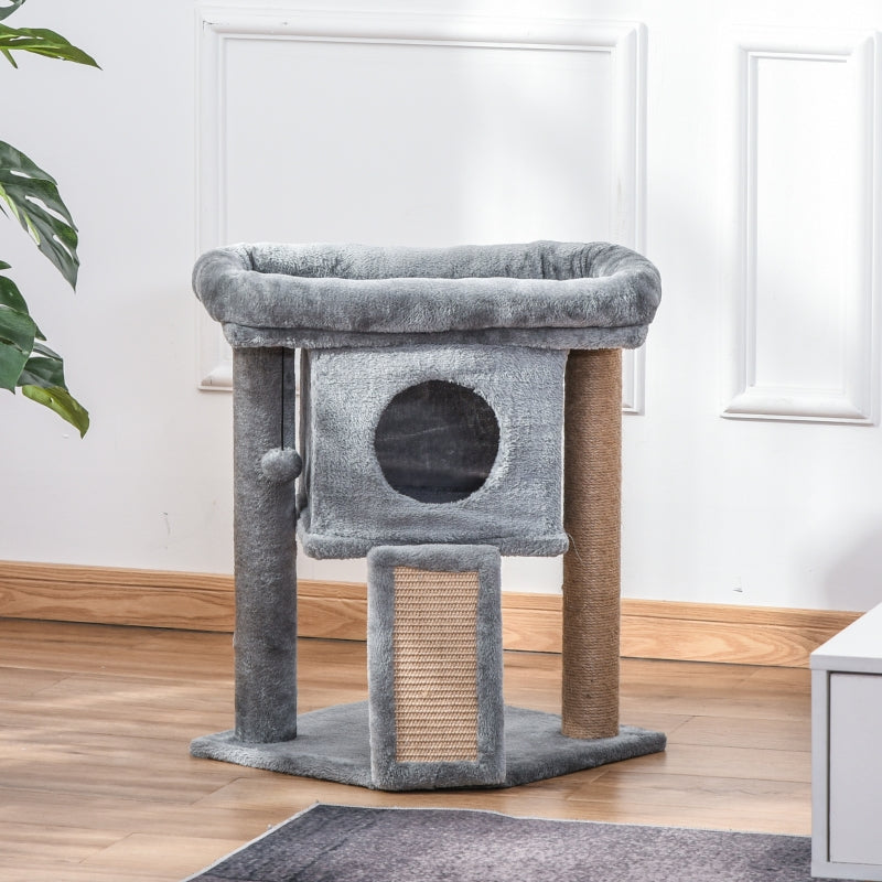 Grey Cat Tree Tower with Scratching Post and Toy Ball