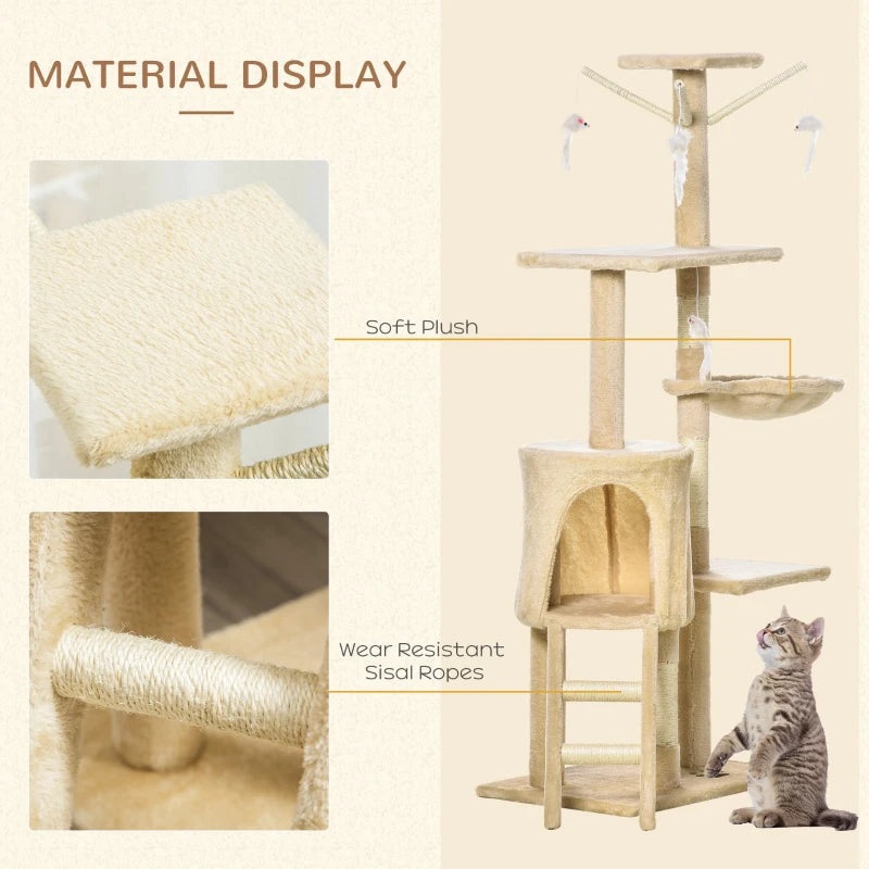 Beige Cat Climbing Tower with Scratching Post - 135cm