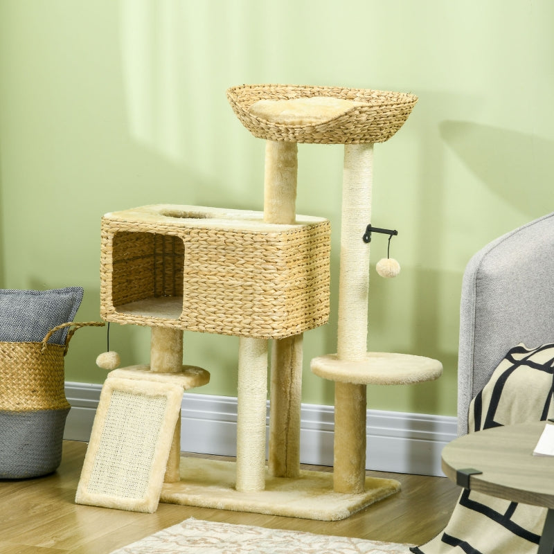 Beige Cat Tree Tower with Scratching Post and Toy Ball