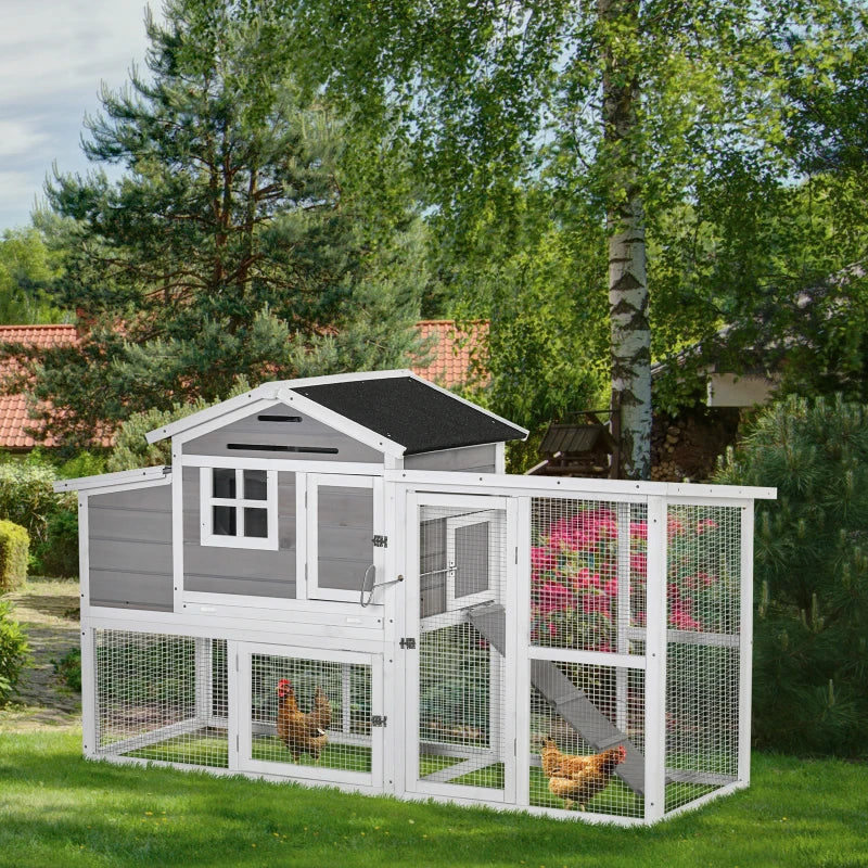 Wooden Chicken Coop with Run and Nesting Box - Outdoor Poultry Cage (Grey) - 193 x 78 x 115cm