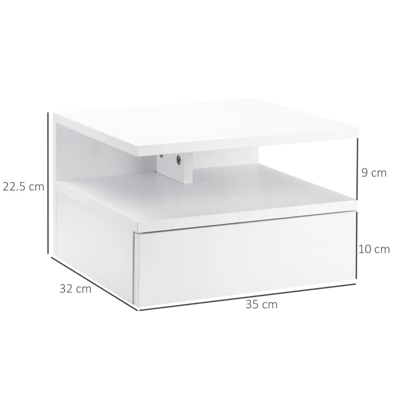 White Floating Bedside Cabinet with Drawer and Shelf, Wall Mounted Nightstand