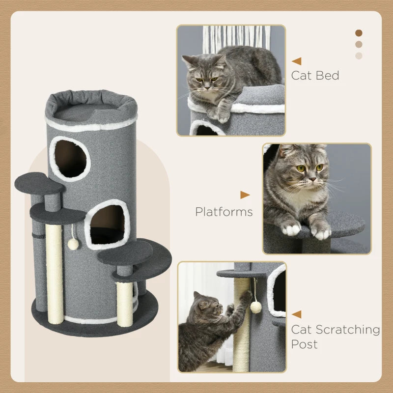 Grey Barrel Cat Tree with Scratching Posts, Bed, Platforms & Ball