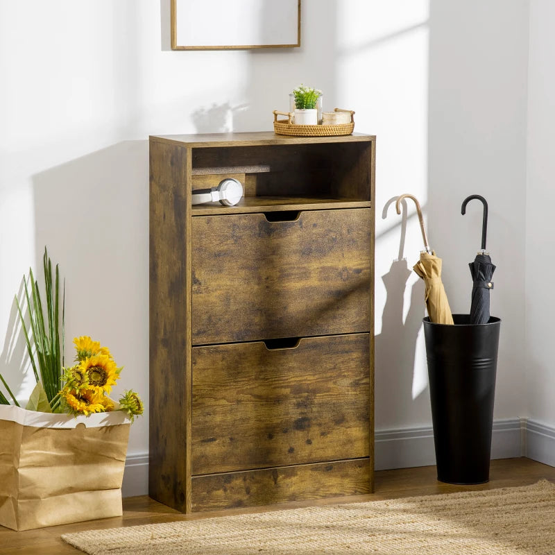 Rustic Brown Shoe Cabinet with Flip Doors and Drawers