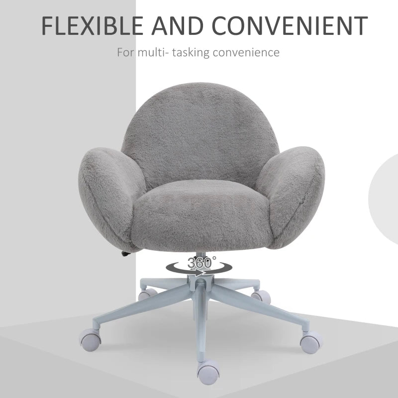 Grey Fluffy Rolling Desk Chair for Home Office or Bedroom