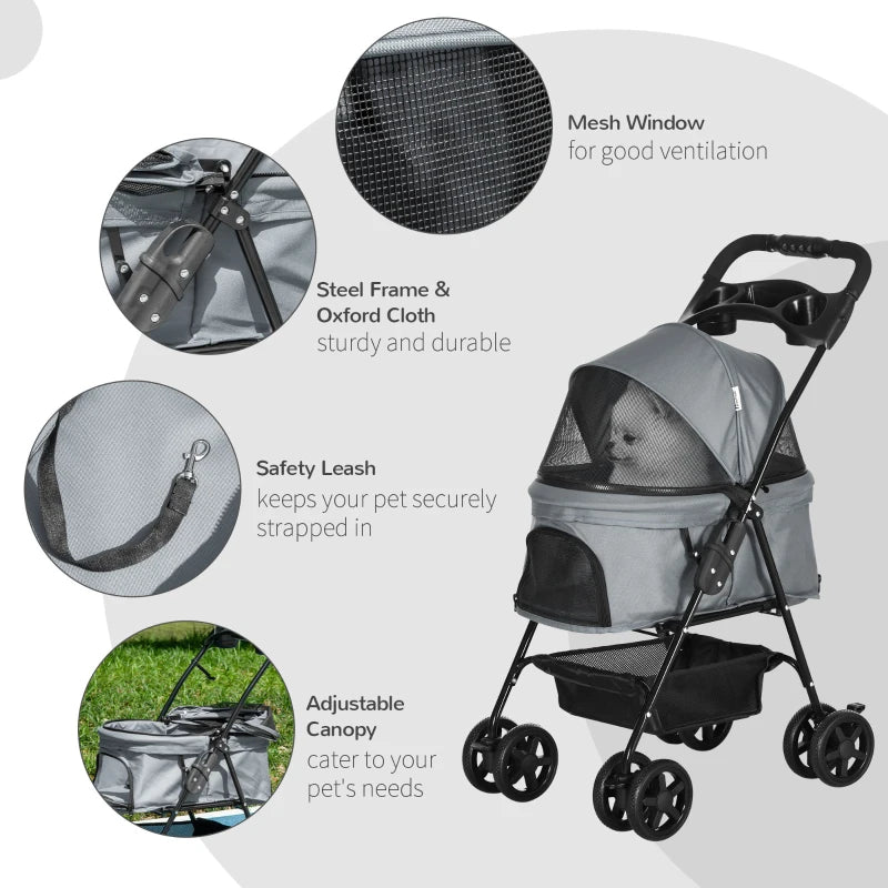 Grey Pet Stroller with Canopy and Storage Basket