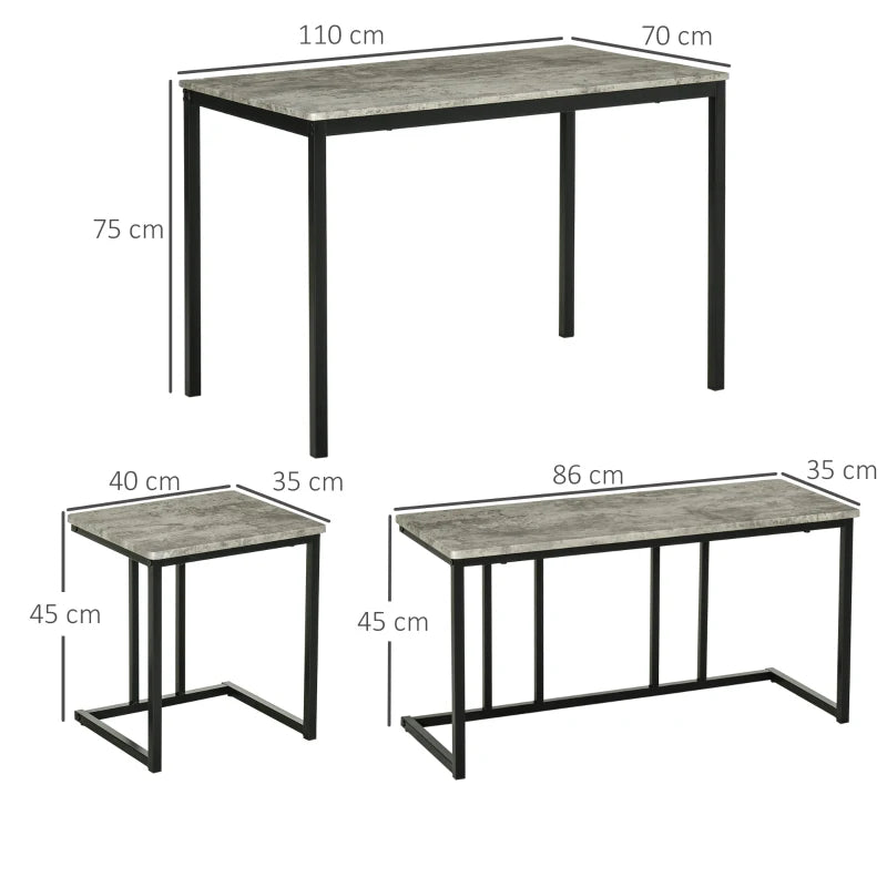Grey Concrete Effect Dining Set for 4 - Steel Frame Table and Bench