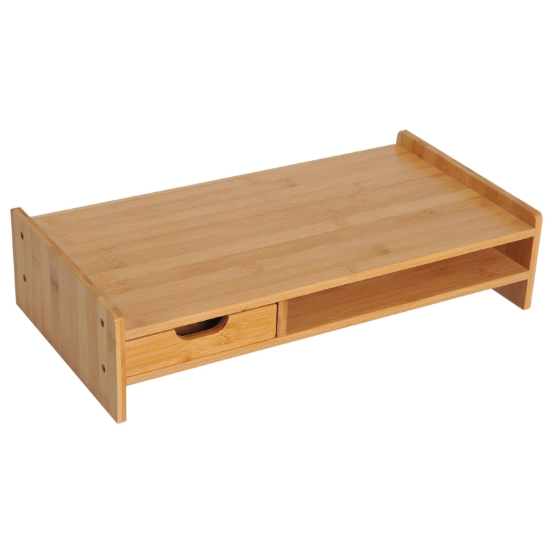 Bamboo Monitor Riser Stand with Drawer - Natural Wood Desk Organizer