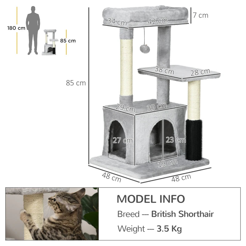 Grey Cat Climbing Tower with Scratching Post & Toys - 48x48x85cm