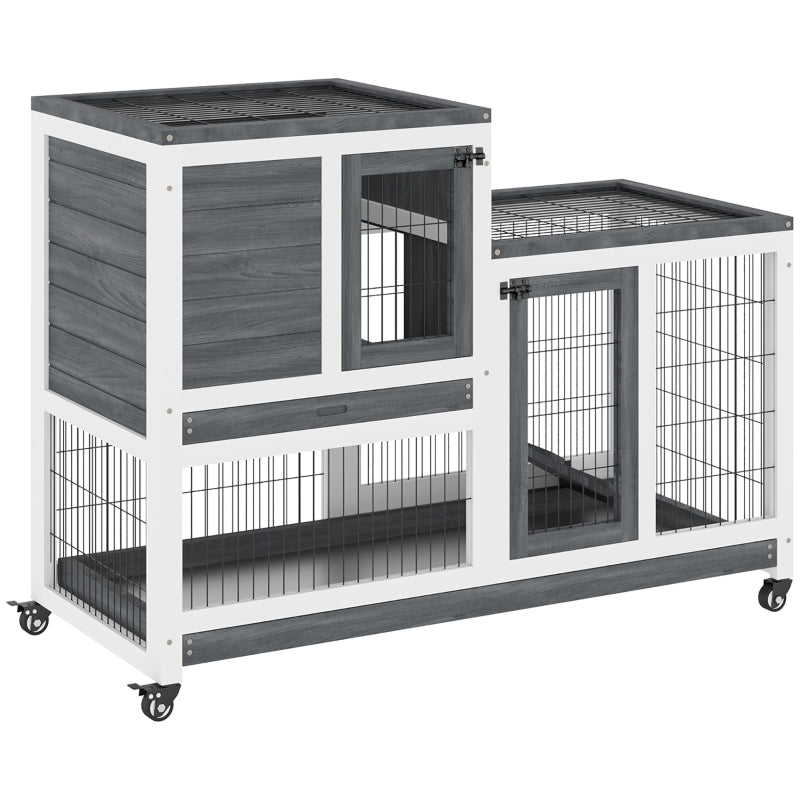 Grey Wooden Indoor Small Animal Hutch with Wheels and Enclosed Run