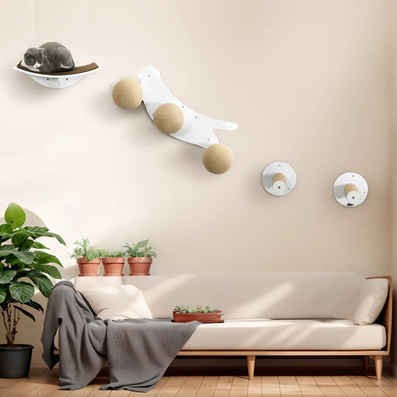 White Cat Wall Furniture with Curved Platforms and Scratching Posts