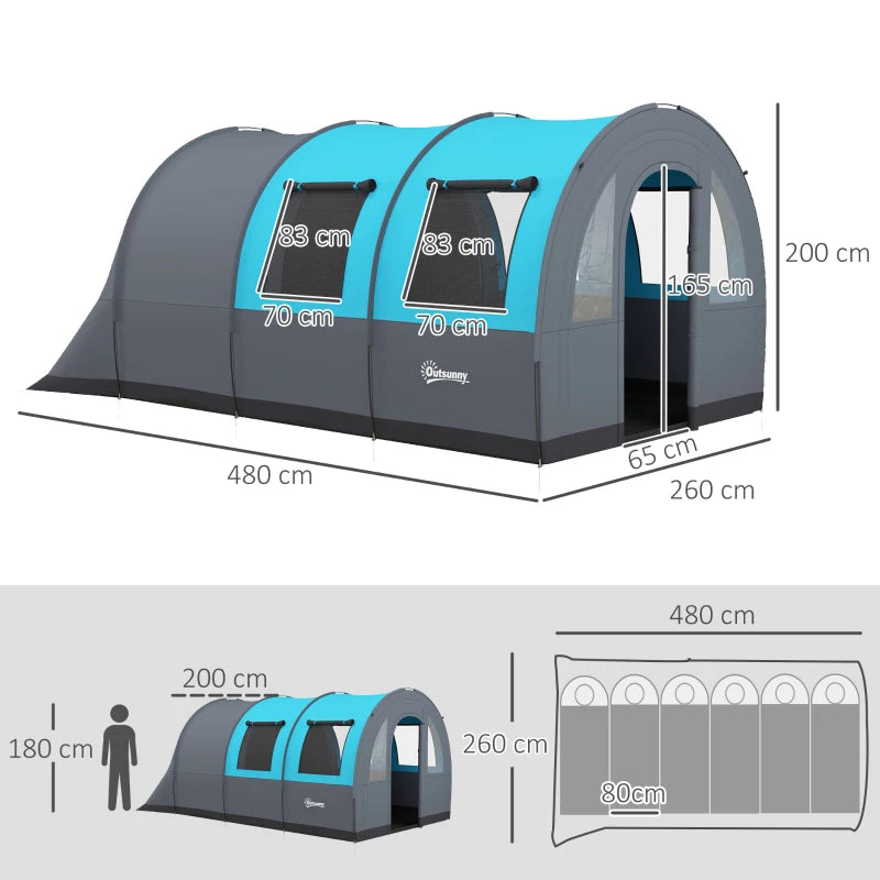 6-Person Dual-Room Tunnel Tent with Accessories - Grey/Blue