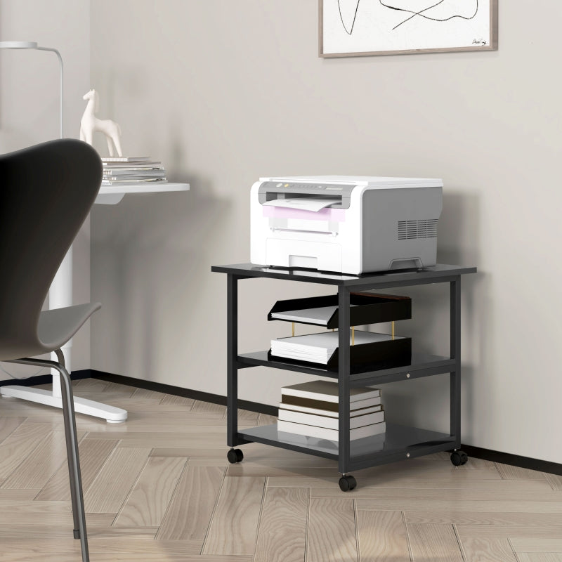 Black 3-Tier Steel Printer Stand with Wheels