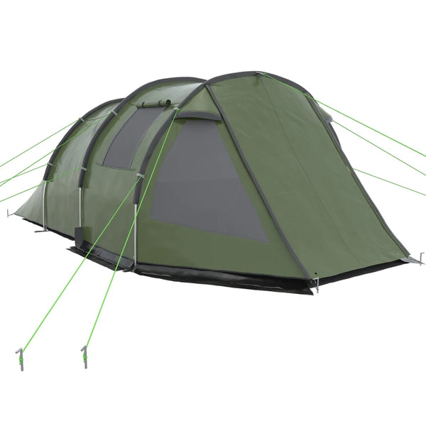 Green 3-4 Person Two-Room Tunnel Camping Tent with Windows and Carry Bag