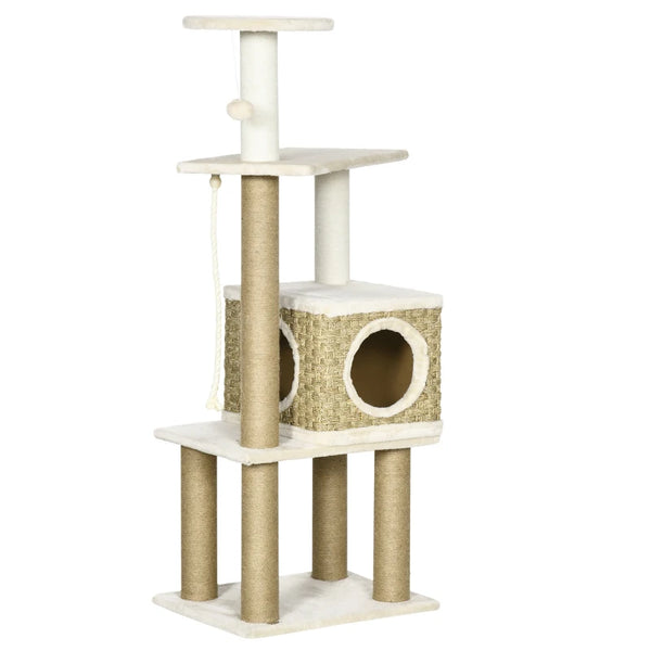 Beige Cat Tree with Scratching Post, House & Toy Ball