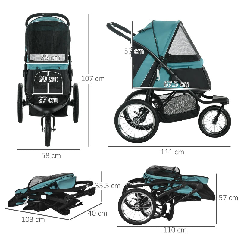 Green Foldable Pet Stroller with Canopy for Small and Medium Dogs