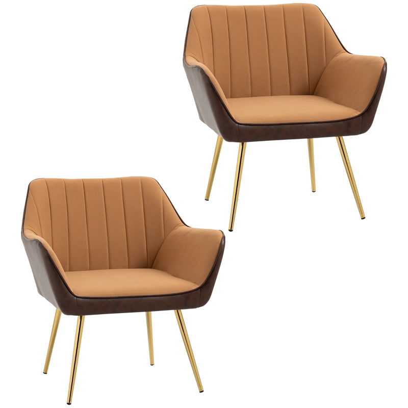 Golden Steel Leg Velvet Armchairs, Set of 2, Light Brown