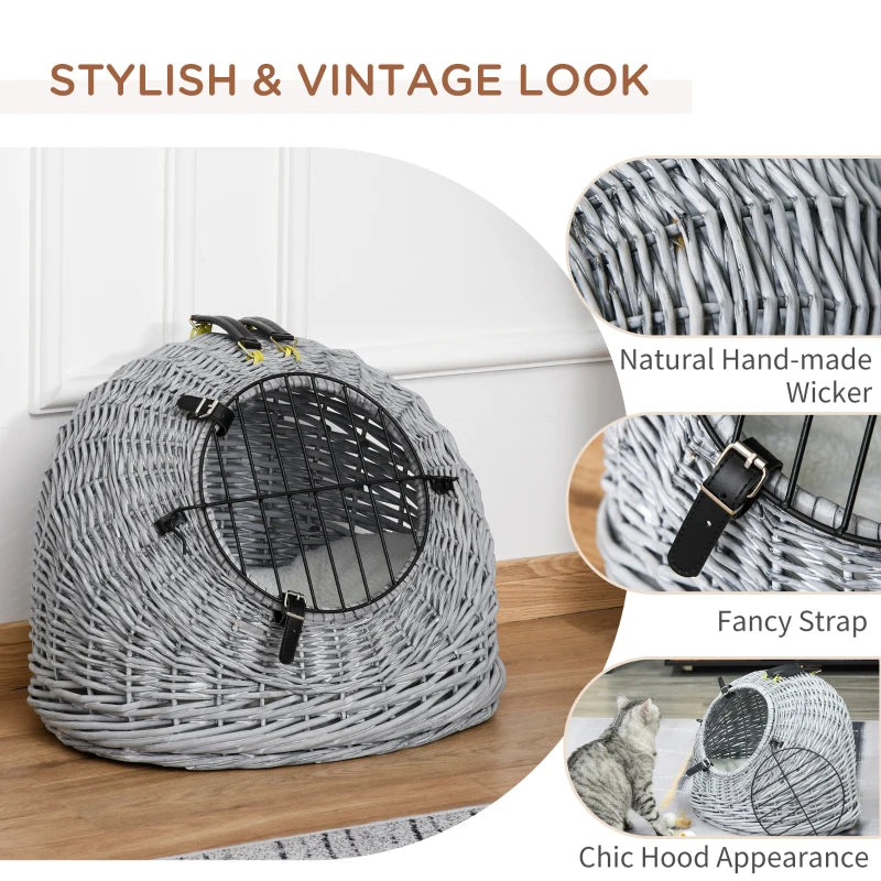 Grey Wicker Cat Travel Basket with Plush Cushion