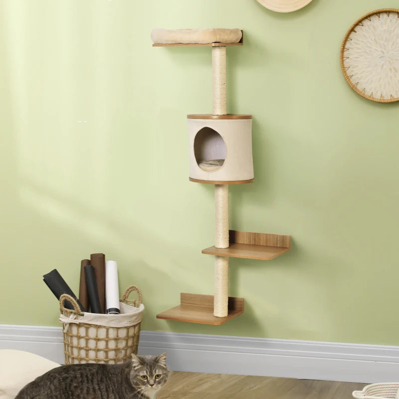 Beige Wall-Mounted Cat Tree with House, Bed, Scratching Post