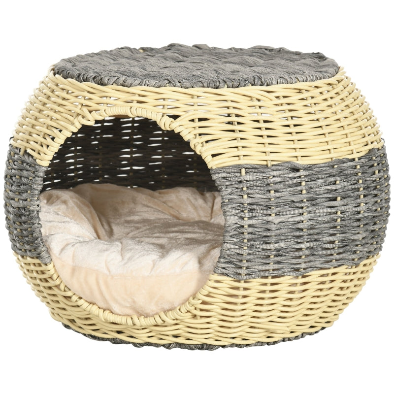 Rattan Wicker Cat Bed, Cozy Kitten Cave, Grey, Washable Cushion, 40x30cm