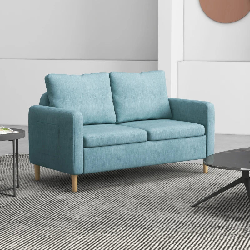 Blue Fabric Two Seater Sofa with Wood Legs and Pockets