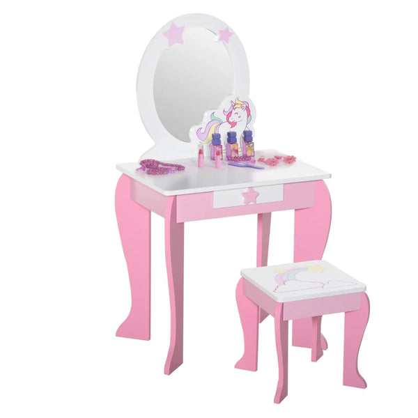 Kids Pink Dressing Table Set with Mirror and Stool