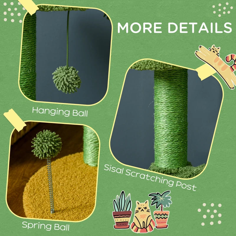 Green Chenille Cactus Cat Tree - 82cm Height with Scratching Post & Hammock