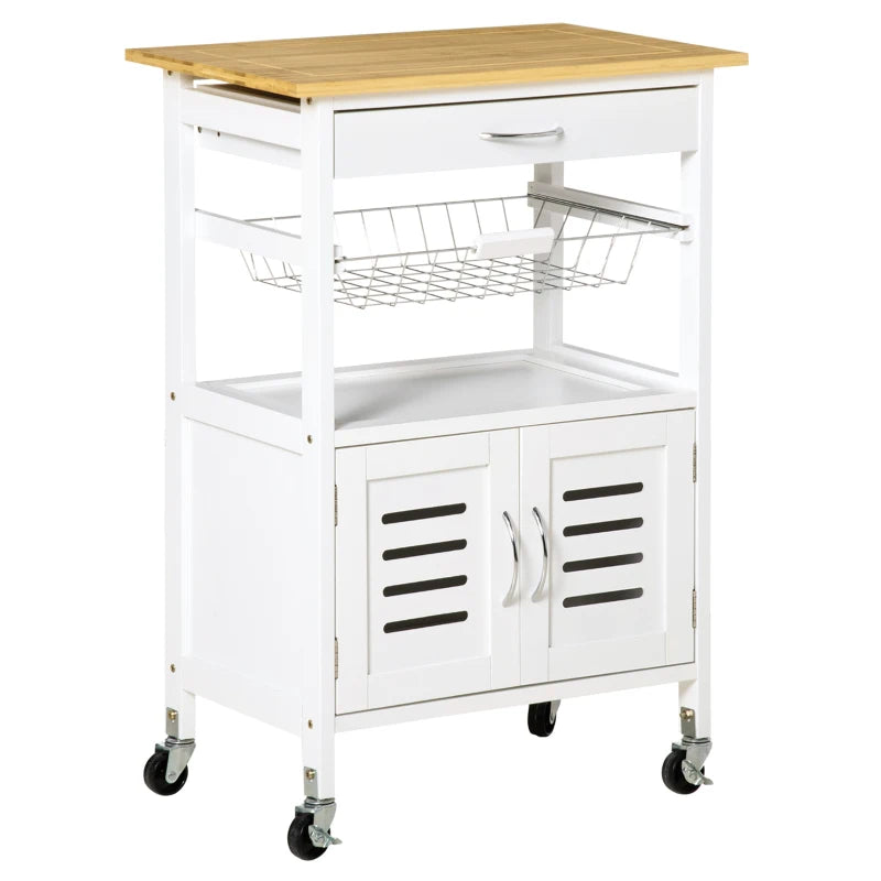 White Rolling Kitchen Island Trolley with Bamboo Top and Storage