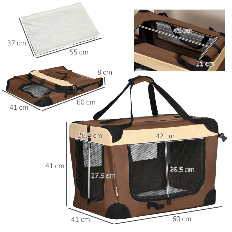 Foldable Pet Carrier with Cushion for Mini Dogs and Cats - Brown