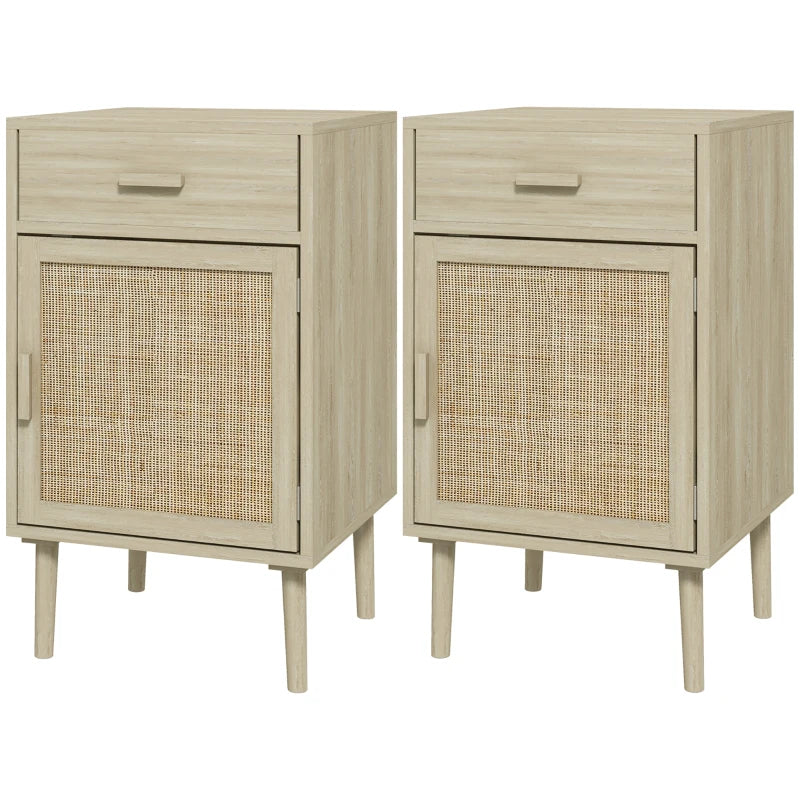 Rattan Boho Bedside Tables Set of 2, Natural Wood Effect