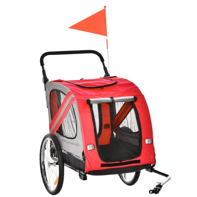 Red 2-In-1 Dog Bike Trailer Pet Stroller with Reflective Flag